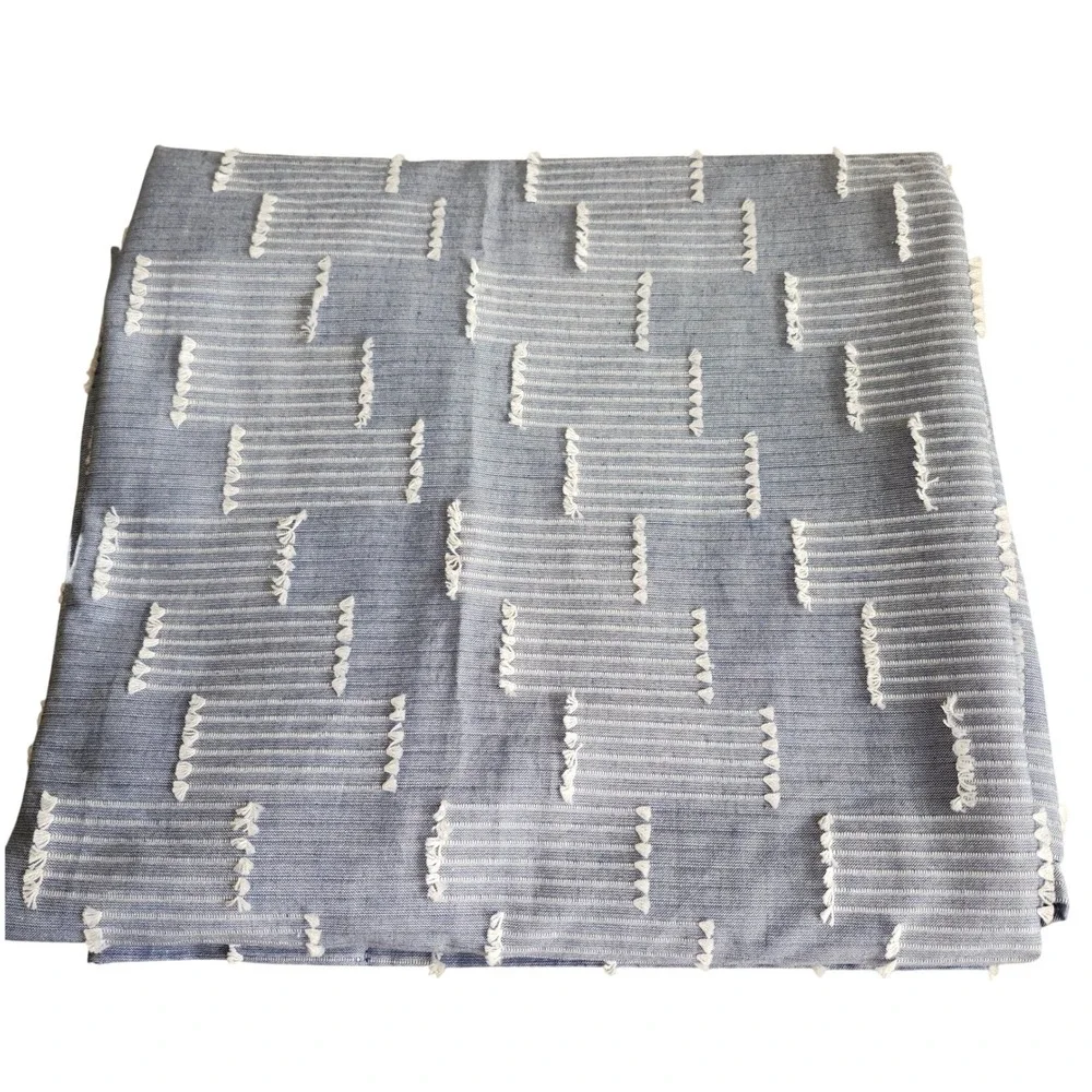 Anthropologie 100% Cotton Curtain Blue White 50x84 Fringe‎ Design SINGLE PANEL